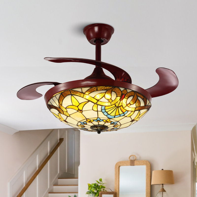 Ventilateur de plafond en vitrail rétractable 42 po avec lumières DEL, Fandelier à 3 vitesses à intensité variable avec télécommande Tiffany