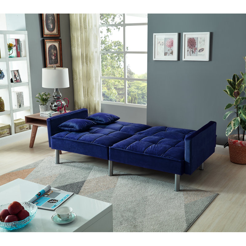 Areya 75.6'' Velvet Square Arm Sofa Bed, Blue Velvet