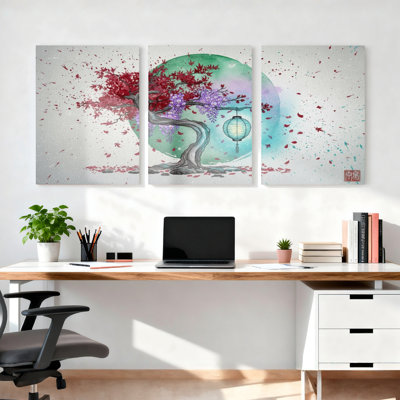 Ensemble de 3 tableaux sur toile représentant un érable japonais avec lanterne et fleurs de cerisier, idéal pour la décoration du salon, de la chambre ou du bureau.