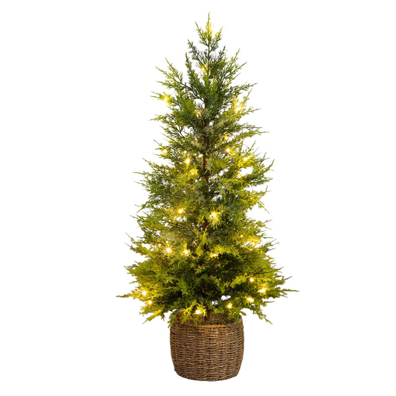 3 pi. Arbre de Noël artificiel pré-éclairé légèrement enneigé avec 38 lumières DEL blanc chaud dans un panier décoratif