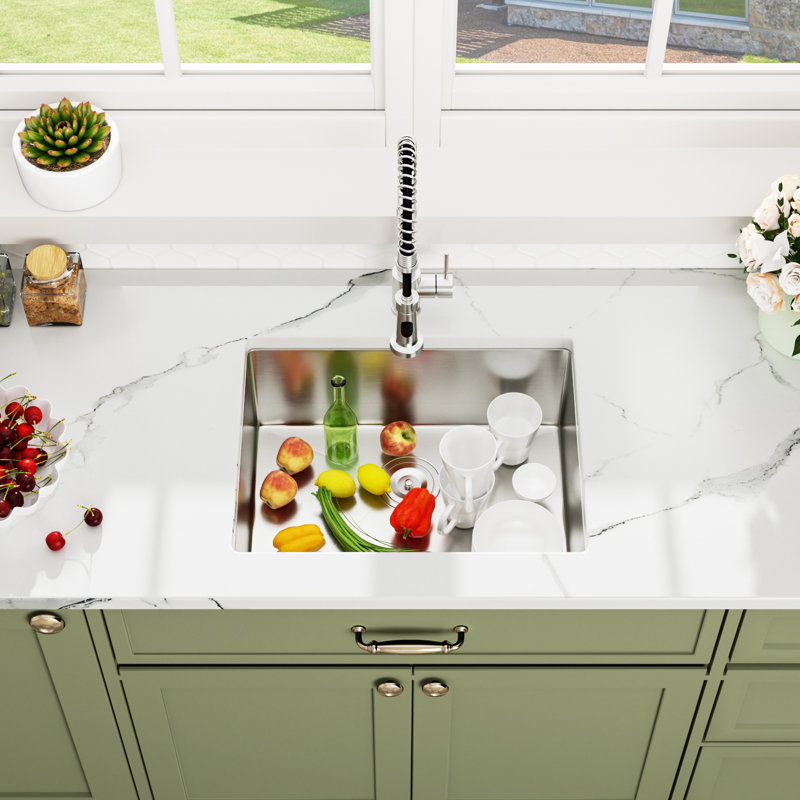 23" L x 18" W Undermount Single Bowl Stainless Steel Kitchen Sink with Basket Strainer, Stainless Steel, 23" L x 18" W 
