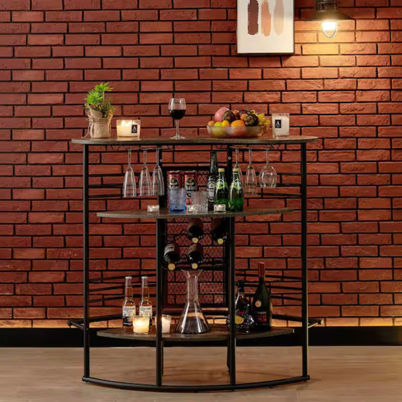 Table de bar ovale en métal et bois brun 43,3 x 43,1 x 15 po avec rangement pour bouteilles de vin, Marron antique