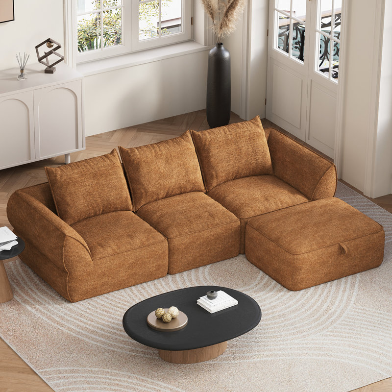 104" Modular Sectional Sofa with Deep Seat, Comfortable Upholstery L Shaped Cloud Couch for Living Room, 3-Seater Compression Boneless Sofa with Movable Ottomans, Removable Cover, No Assembly Required, Orange