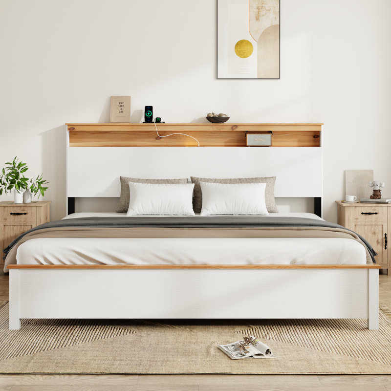 King Bedstead With Charging Station All Wood Bed Frame: This Rustic Farmhouse Bed Frame With Storage Headboard And Built-In Charging Station Is Easy To Install And Operate, Classic White