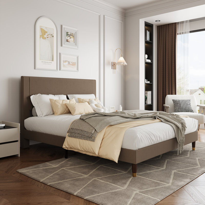 Structure de lit avec tête de lit, lit plateforme tapissier en velours côtelé avec support en lattes de bois, Grand lit, Brun