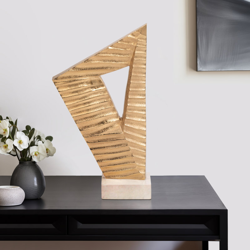 Modern Geometric Metal Sculpture with Marble Base For Living Room Decorations - Decorative Figurine Object For Home Decor Styling - 18", Gold
