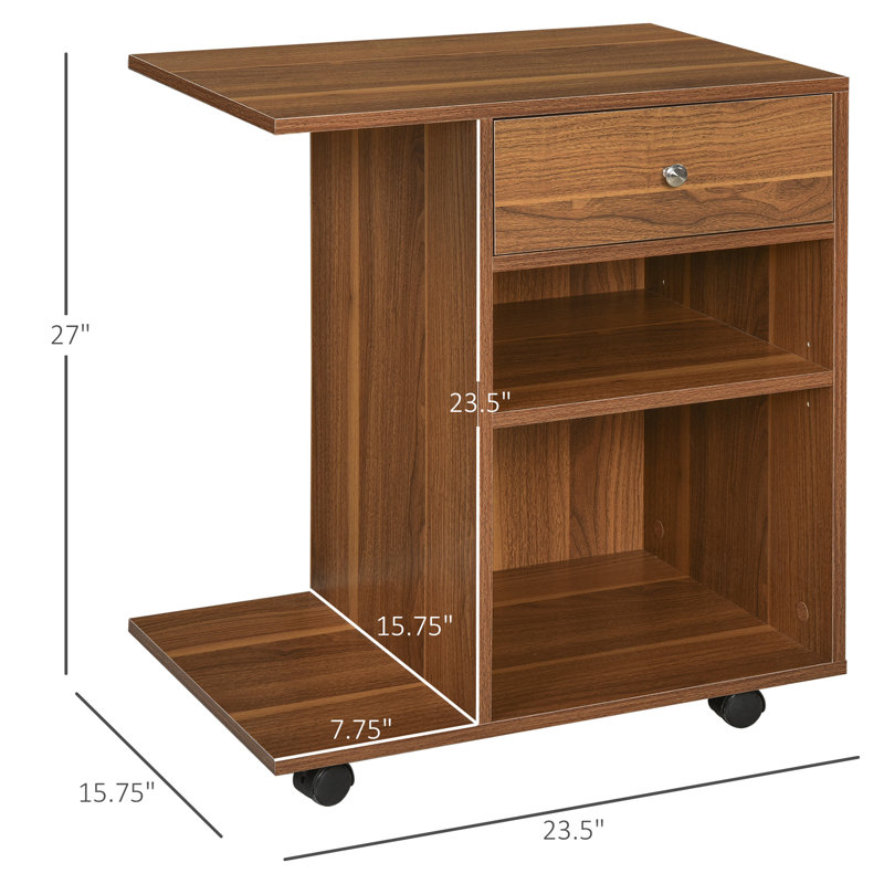 Walnut Particleboard Rolling Printer Stand with Drawer and Shelves