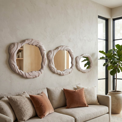 Grand miroir mural dimensionnel moderne en bois sculpté pour coiffeuse - Miroir décoratif encadré pour décor de salle de bain - ensemble de 3