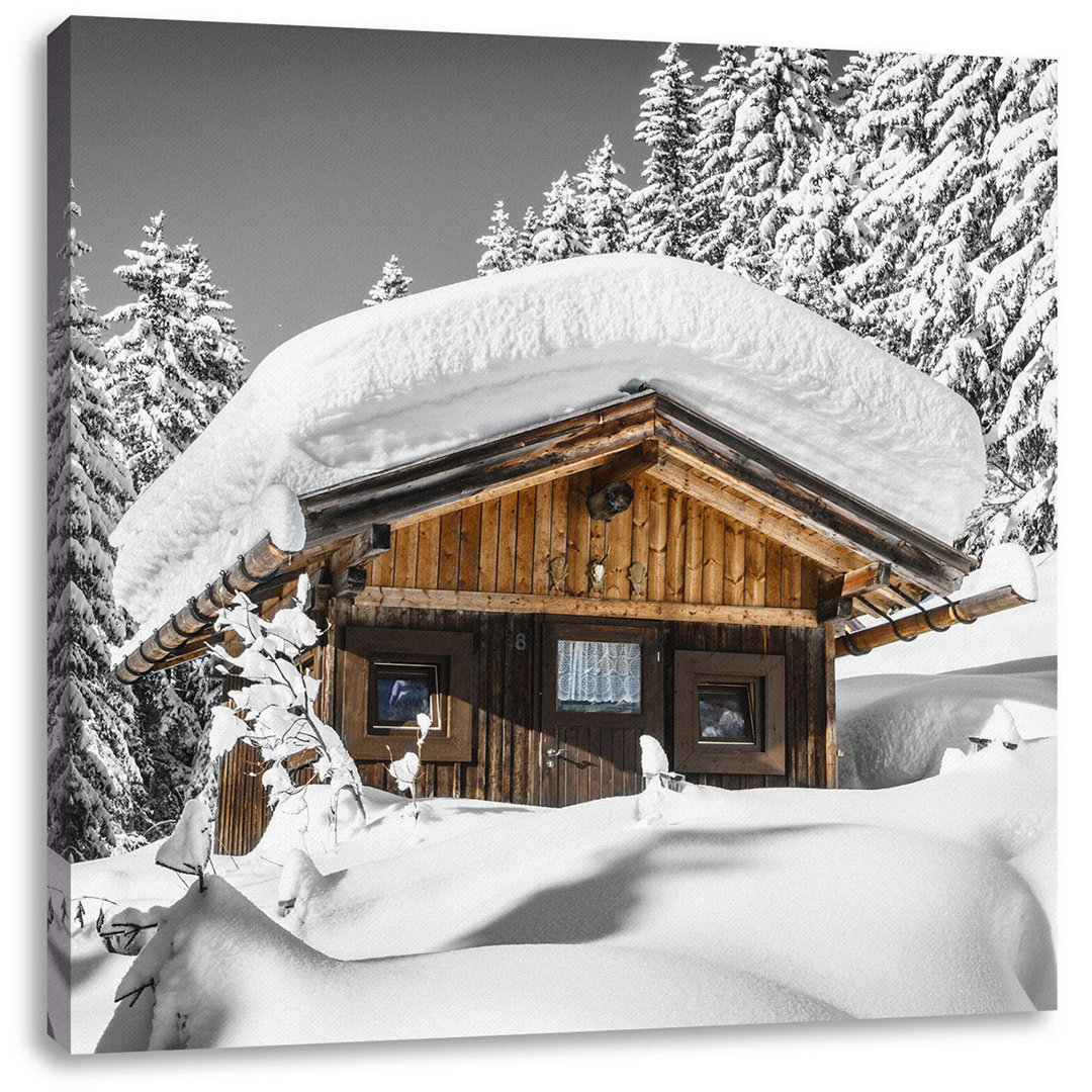 Leinwandbild Snowy Ski Hut in Alpine Forest B&W Detail