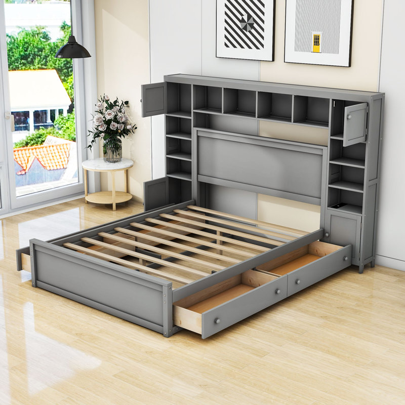 4 Drawers Wood Platform Bed with Cabinet, Gray