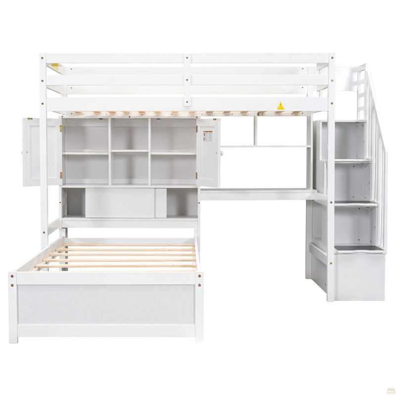 Lit mezzanine simple au-dessus de simple avec bureau intégré et escalier, avec compartiments de rangement et tablettes, Blanc
