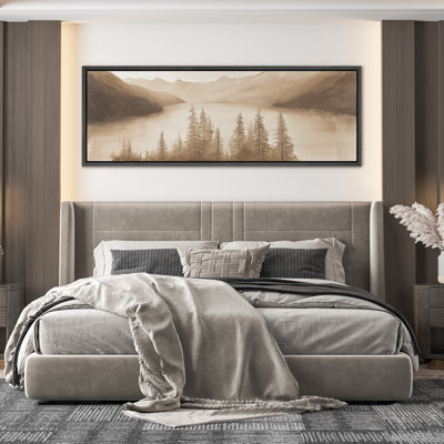 «Sepia Mountain Lake Landscape with Pine Trees - Large Art encadré sur toile, chambre principale