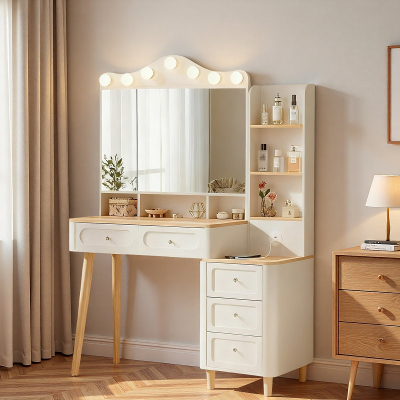 Foldable Three-Sided Mirror Storage Vanity Desk With Lights And USB Power Strip