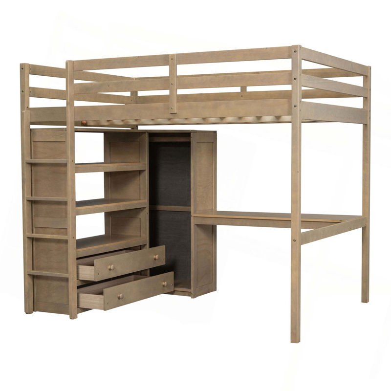 Lit mezzanine double en bois avec garde-robe intégrée, bureau, tablettes de rangement et tiroirs, Noyer