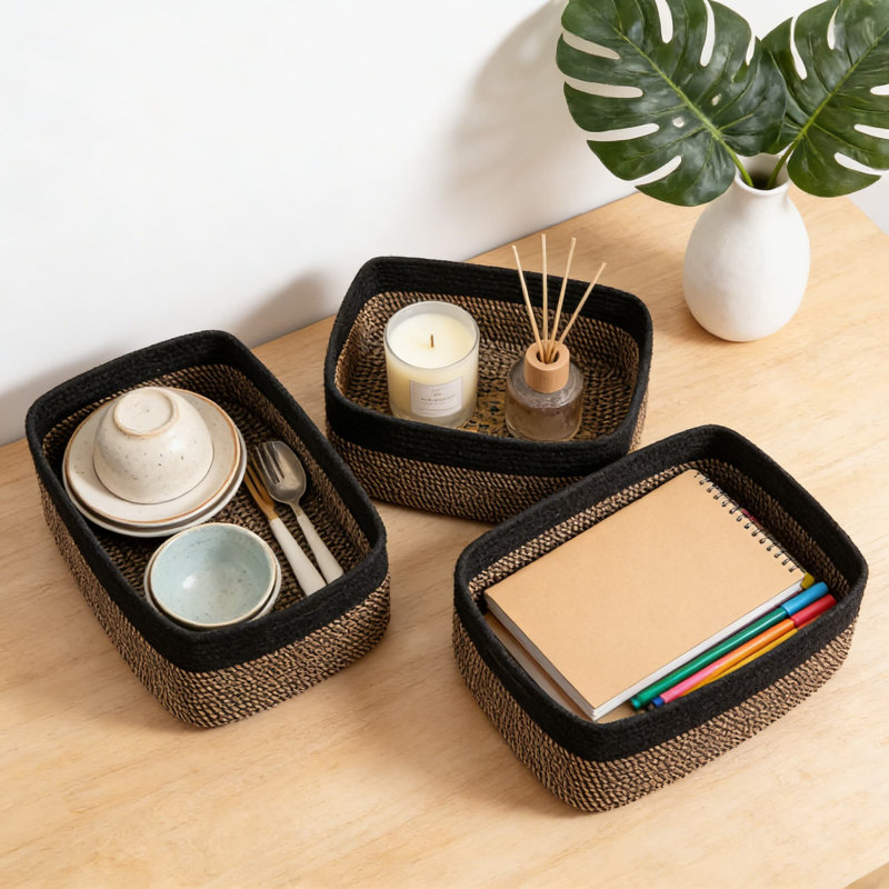 Woven Storage Baskets 3-Pack, Foldable Organizer Bins For Shelves, Closet, Nursery, And Toy Storage, Handmade From Soft Natural Cotton Rope