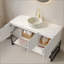 Meuble-lavabo de salle de bain, armoire de rangement autoportante avec 3 portes et tablette ouverte, lavabo en céramique avec motif en pierre et plateau en pierre frittée