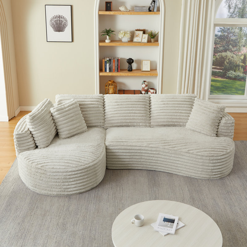 Luxury 4 - Seat L Shape Sectional Sleeper, Corduroy Fabric, Cream, Sponge Support, No Assembly For Living Room Curved Corduroy, Pocket Spring, Reception