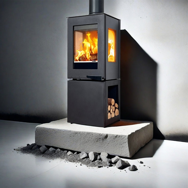 Metal heating fireplace with three Windows