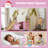 Full Size House Loft Bed With Sills And Tents, Solid Wood Loft Bed With Ladders And Slide, Chic Design With Lights, No Box Spring Needed, Natural+pink-2114181132-2114181130
