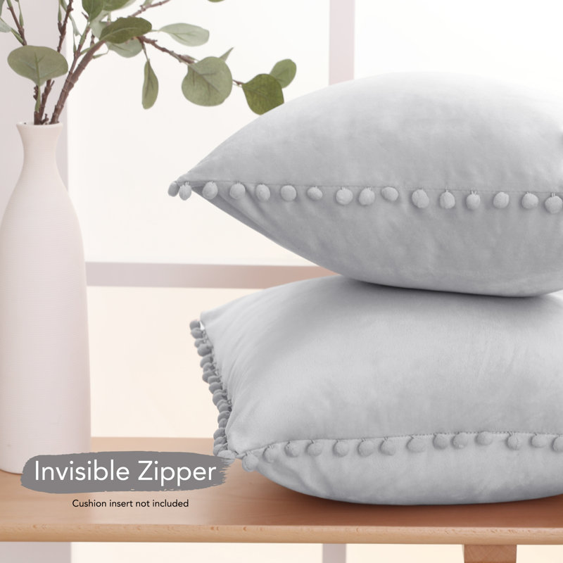 Light Gray Velvet Euro Pillowcase with Pom Poms