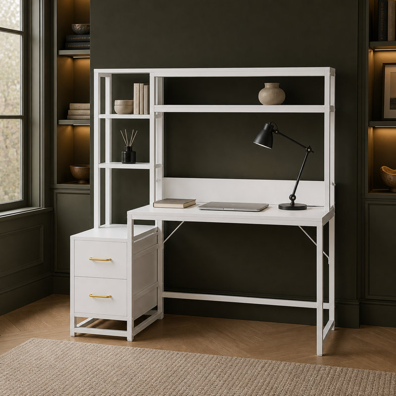 Bureau 55 po avec 2 tiroirs et huche, Blanc