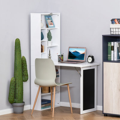 HOMCOM Fold-out Convertible Writing Table Wall Mount Desk Cabinet with Blackboard and Side Shelf Multi-Function Home Office Workstation, White
