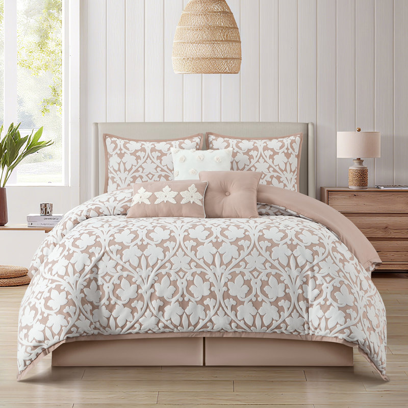 Adoria Luxury Floral Damask 7 Piece Comforter Set, California King Comforter + 6 Additional Pieces, Blush