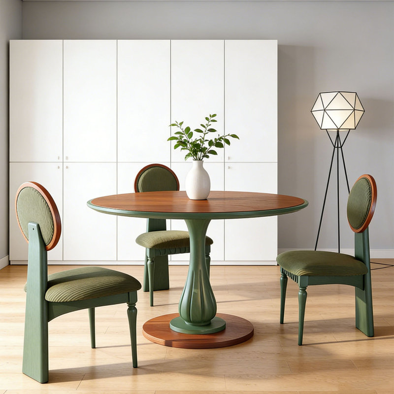 Table ronde française vintage en frêne vert, Ensemble de cinq pièces : table, quatre chaises