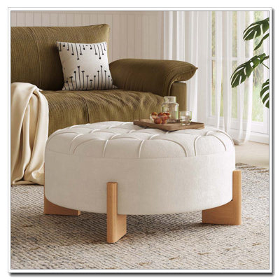 32" Round Tufted Ottoman with Solid Wood Legs, Modern Coffee Table with Tufted Buttons