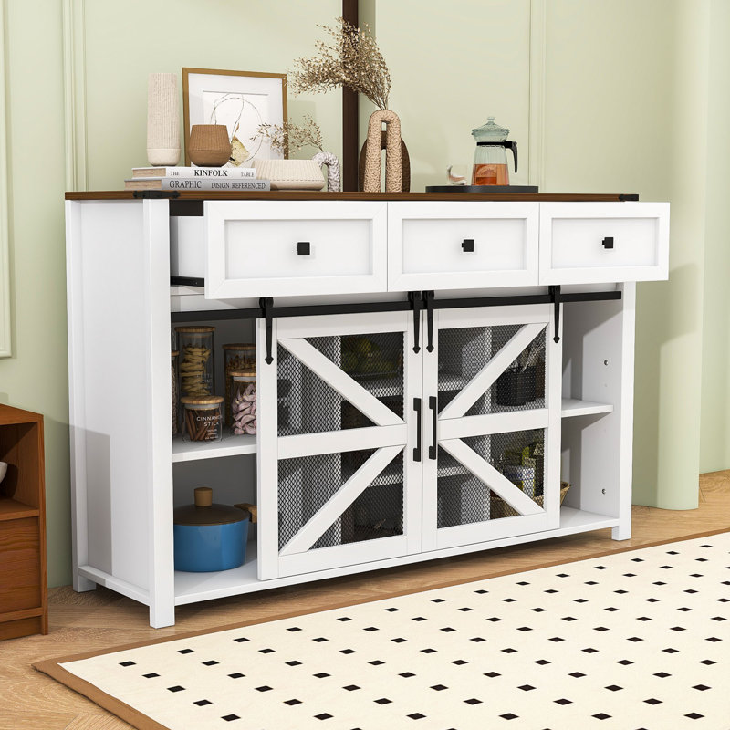 Buffet industriel moderne avec portes de grange coulissantes, tablettes réglables, Blanc