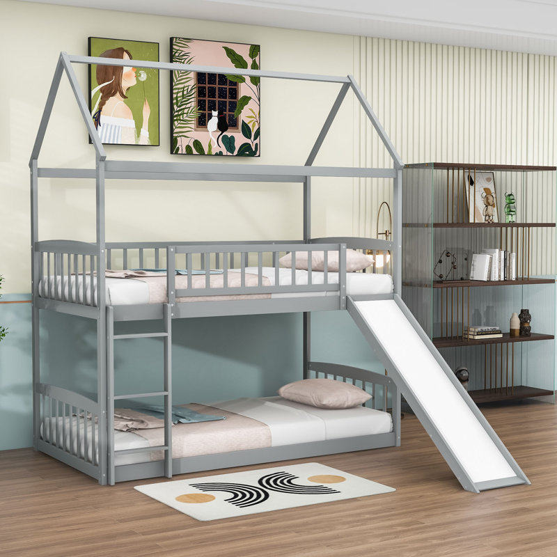 Lacrescenta Twin Over Twin Standard Bunk Bed with Slide, Gray