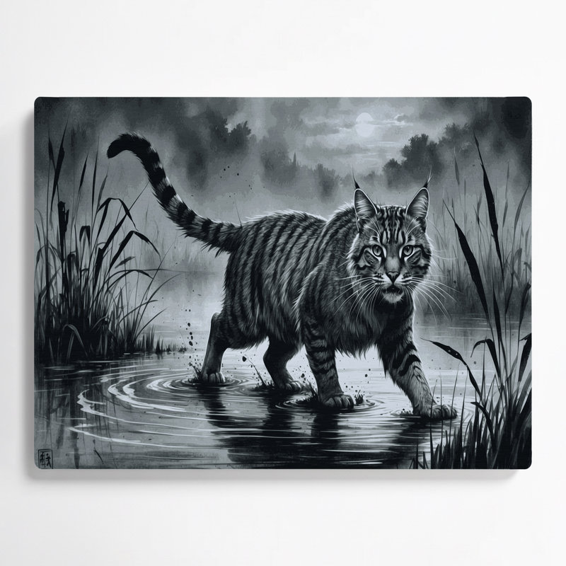 «Big Cats Fishing Cat», art mural en métal noir, H 12 po x l 18 po