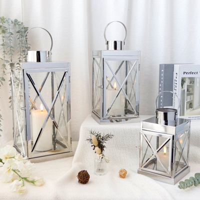 Silver Stainless Steel Lantern 3pcs-Square Elegance 8/12/16In