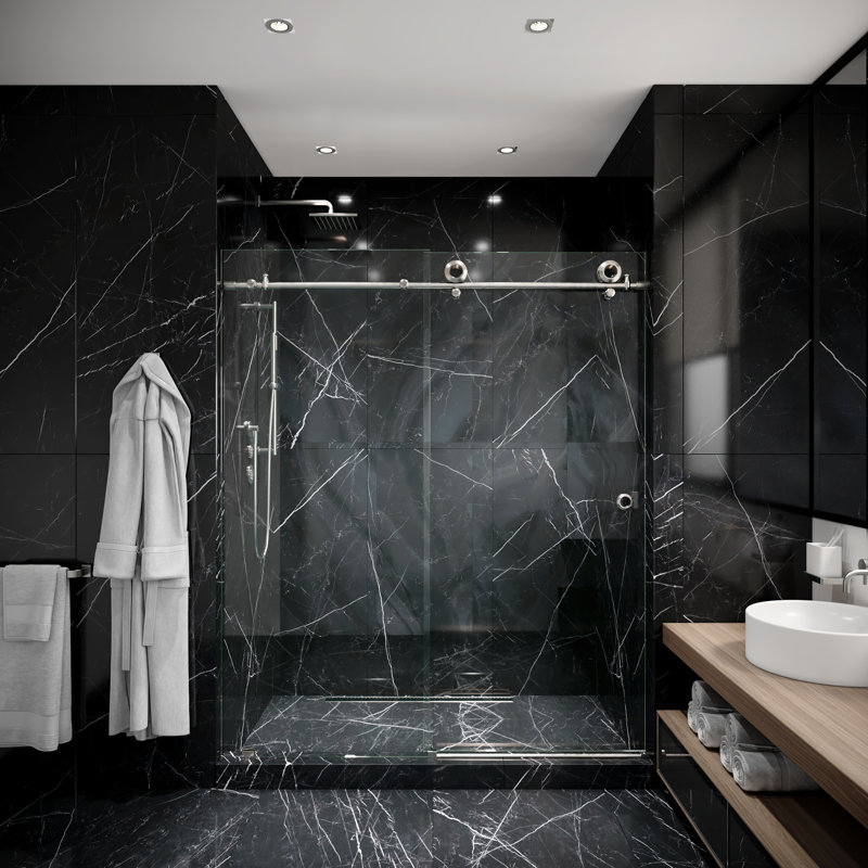  Hugo 56 - Porte de douche coulissante sans cadre 60 x 78 po en verre trempé transparent 3/8 po, Acier inoxydable brossé