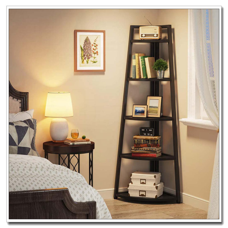 70.07" Tall Corner Shelf, 5 Tier Rustic White Corner Bookshelf Bookcase Industrial Corner Ladder Shelf, Black