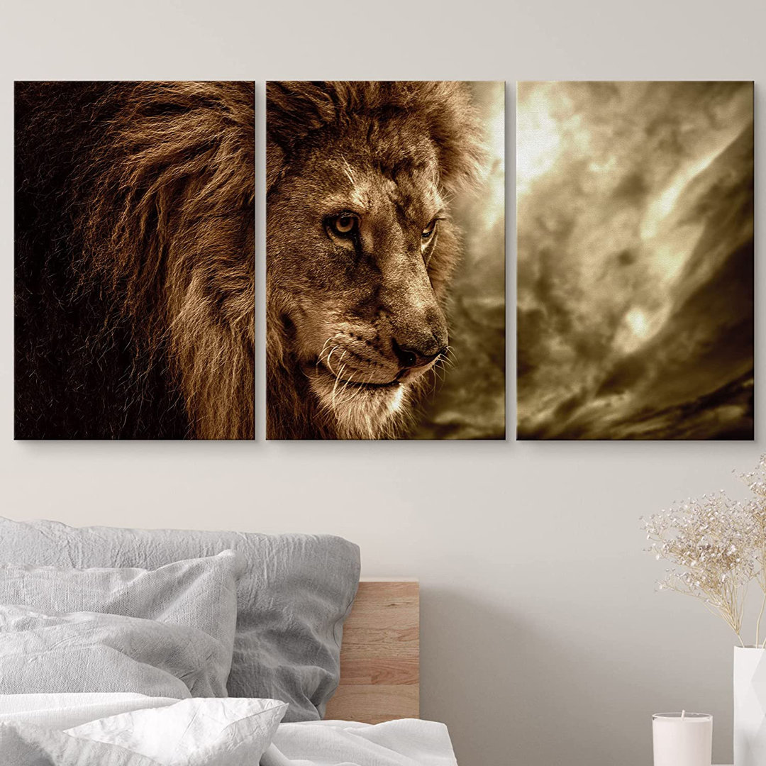 Animals Lion Against the Stormy Sky - 3 Piece Wrapped Canvas Print IDEA4WALL