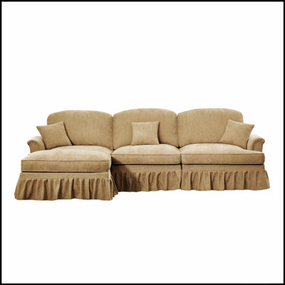 Canapé modulaire classique en L à trois places avec accoudoirs évasés, jupes plissées à volants amovibles et pieds fuselés, canapé en chenille confortable avec repose-pieds mobile
