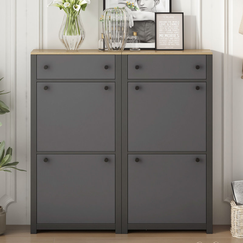 Slim Tipping Bucket Shoe Cabinet Set with 4 Flip Drawers