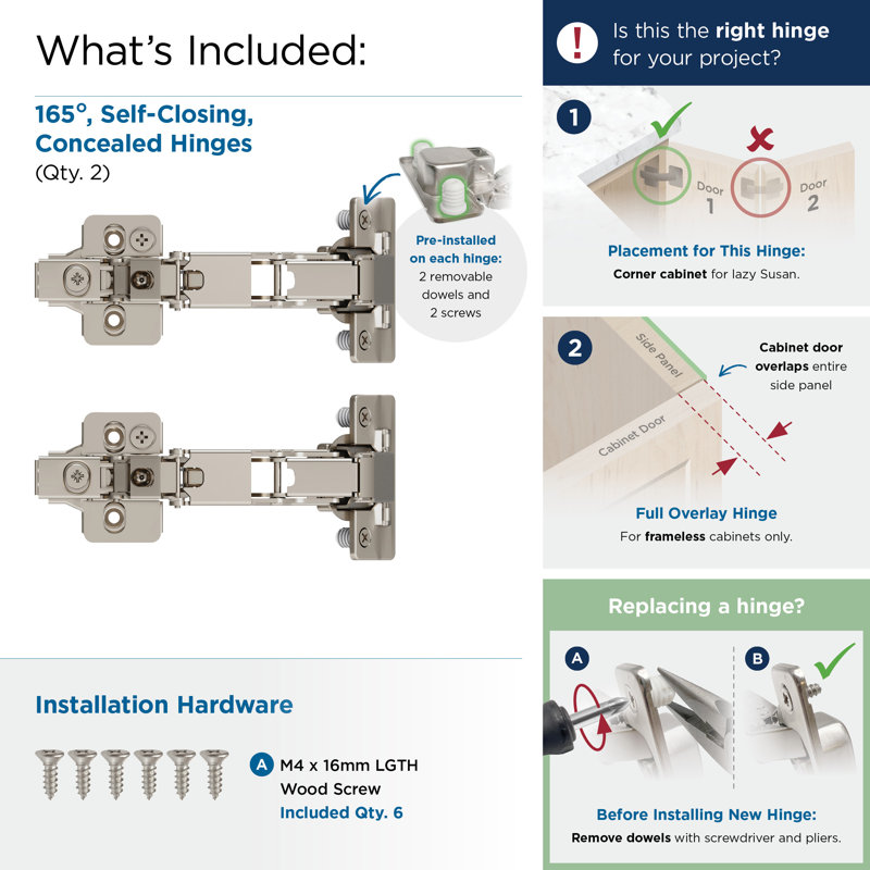 Nickel Full Overlay Frameless 165 Degree Soft Close Cabinet Hinge