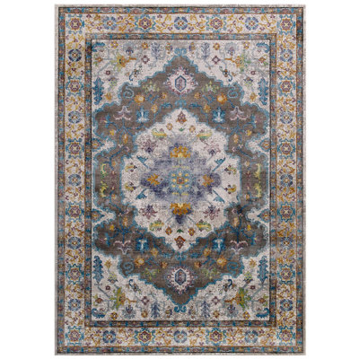 Modway Success Anisah Distressed Floral Vintage 5x8 Area Rug in Gray, Ivory, Yellow, Orange