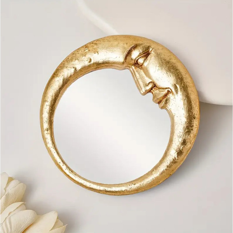 Golden Face Crescent Moon Round Decorative Hanging Mirror