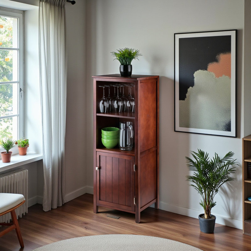 Dominguez 2-Section Cupboard With Open Shelf Cabinet in Walnut, 47.18'' H X 17.11'' W X 15.55'' D