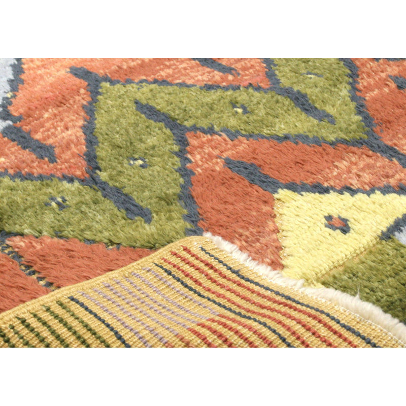 Tapis orange / vert en laine noué à la main de conception unique 4 pi 10 po x 6 pi 6 po années 1960