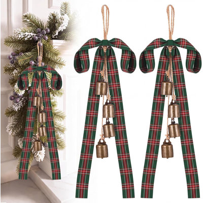 Ensemble de 4 cloches de Noël vertes et rouges avec nœuds à carreaux tartan, décorations festives à suspendre pour sapin, couronne et porte.