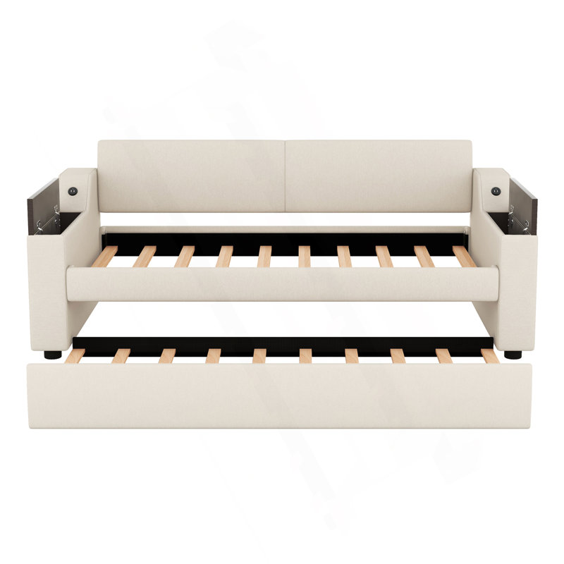 Lit de jour simple rembourré avec accoudoirs de rangement, gigogne et design USB, beige