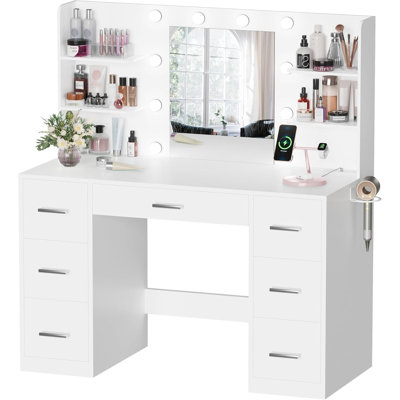 Vanity Desk With Mirror, Power Outlet And 10 Lights, Makeup Table With 7 Drawers, 3 Color Modes Available For Bedroom, Light White