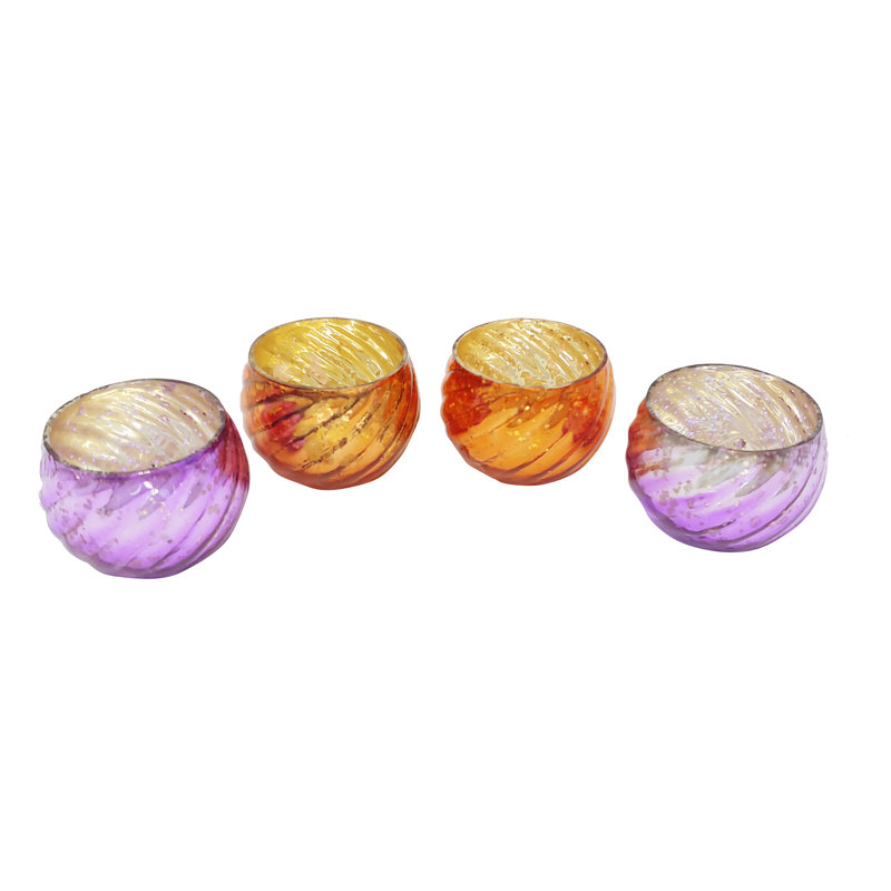 Petit porte-votive rond en verre, Bleu foncé / orange