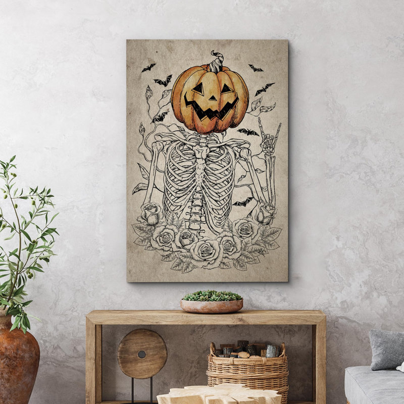 Moody Gothic " Skeleton With Pumpkin Head And Bats Moody Dark Illustrations Modern Art Work Decor ", Wrapped Canvas