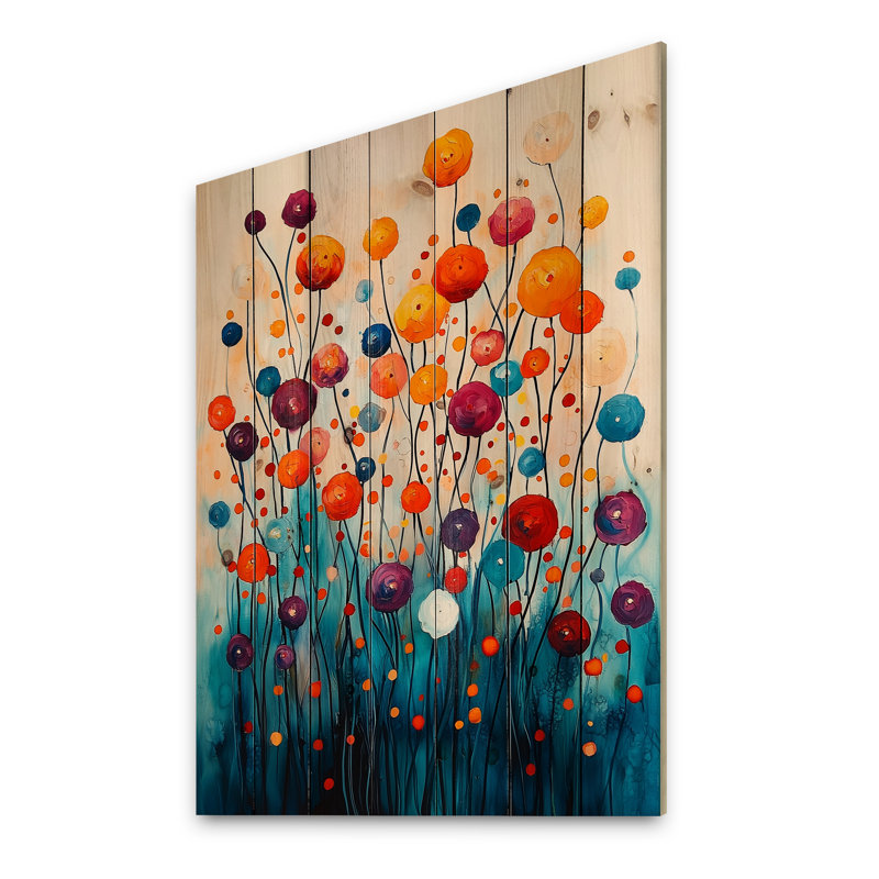 Fantasy Field Of Ranunculus Flowers VII - Ranunculus Wood Wall Decor - On Natural Pine Wood, 32" H x 24" W x 0.78" D