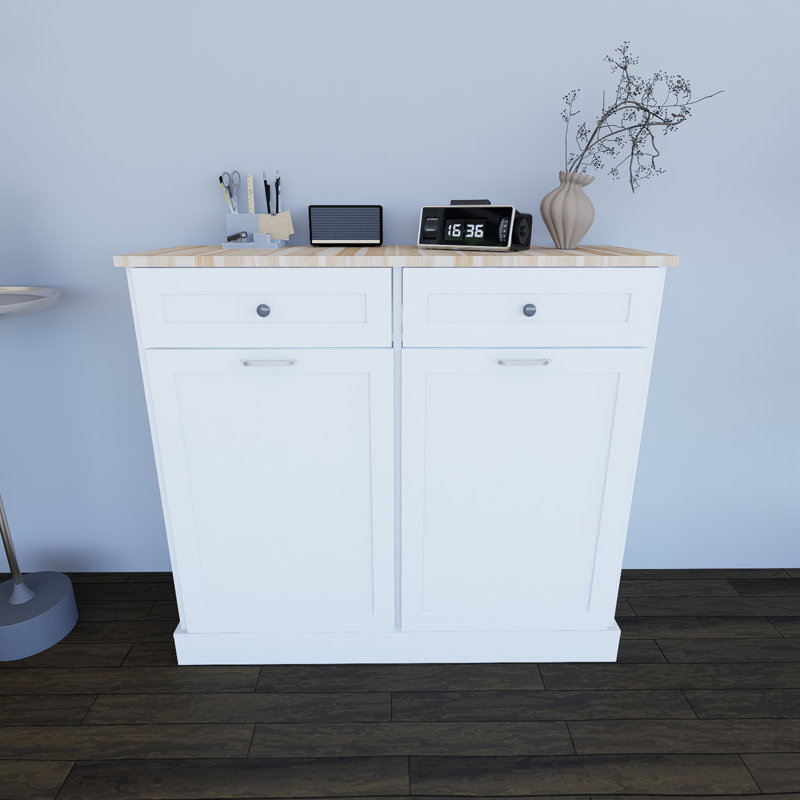 White Two Drawers And Two Compartments Tilting Garbage Cabinet Kitchen Garbage Cabinet